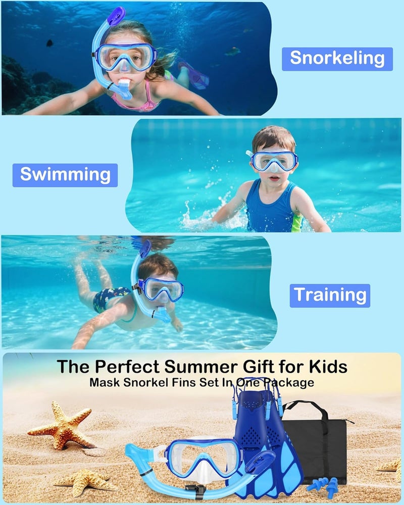 FosDero Kids Snorkel Set Mask Fins-Panoramic Snorkel Mask+Dry Top Snorkel+Adjustable Swim Fins+Mesh Bag+Earplugs for Boys Girls, Junior Snorkeling Gear for Kids Ages 5-14 - Image 2